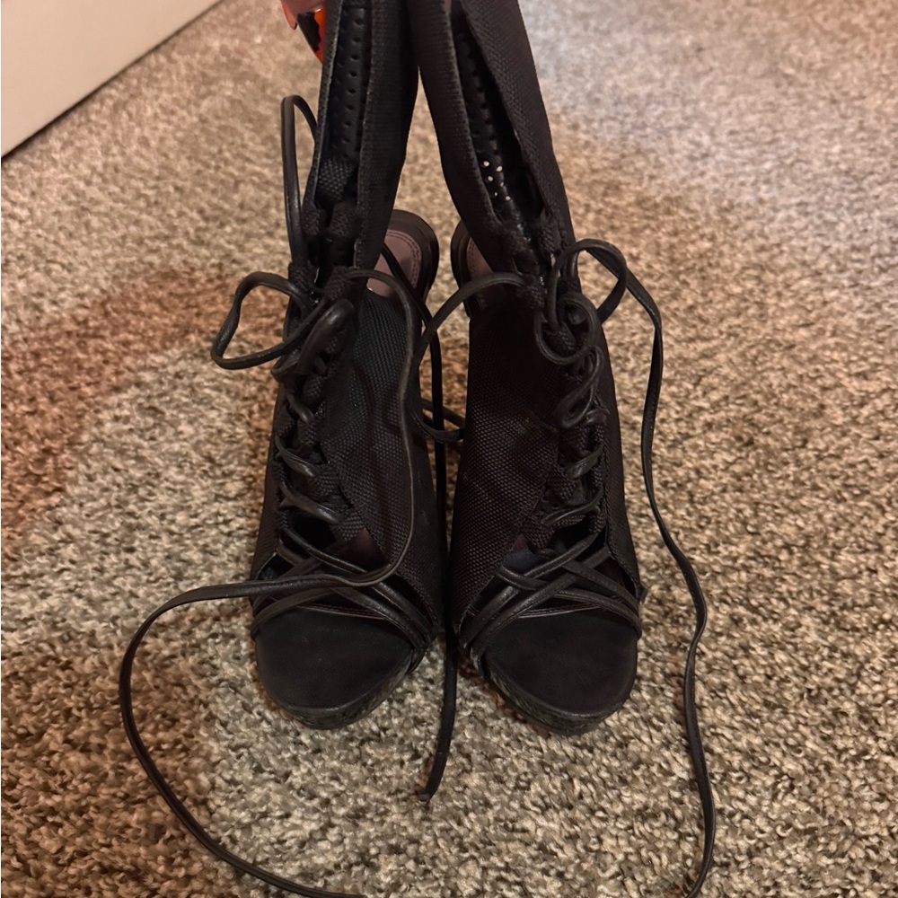 Bebe Black Lace Up Boots with Peep-Toe Design